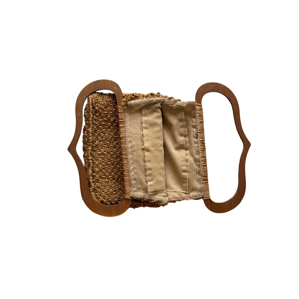 Vintage Boho Macrame Handbag Wood Handles Crochet Purse 70s Woven Bag